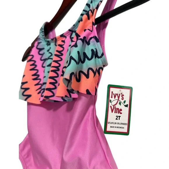 Ivy's Vine Kids Pink Ruffled Zig-Zag One-Piece Swimsuit 2T NWT - Picture 2 of 4